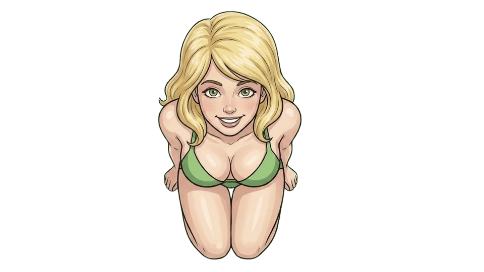 Emma kneeling close, looking up, lips parted around a smile — the feeder's point of view.